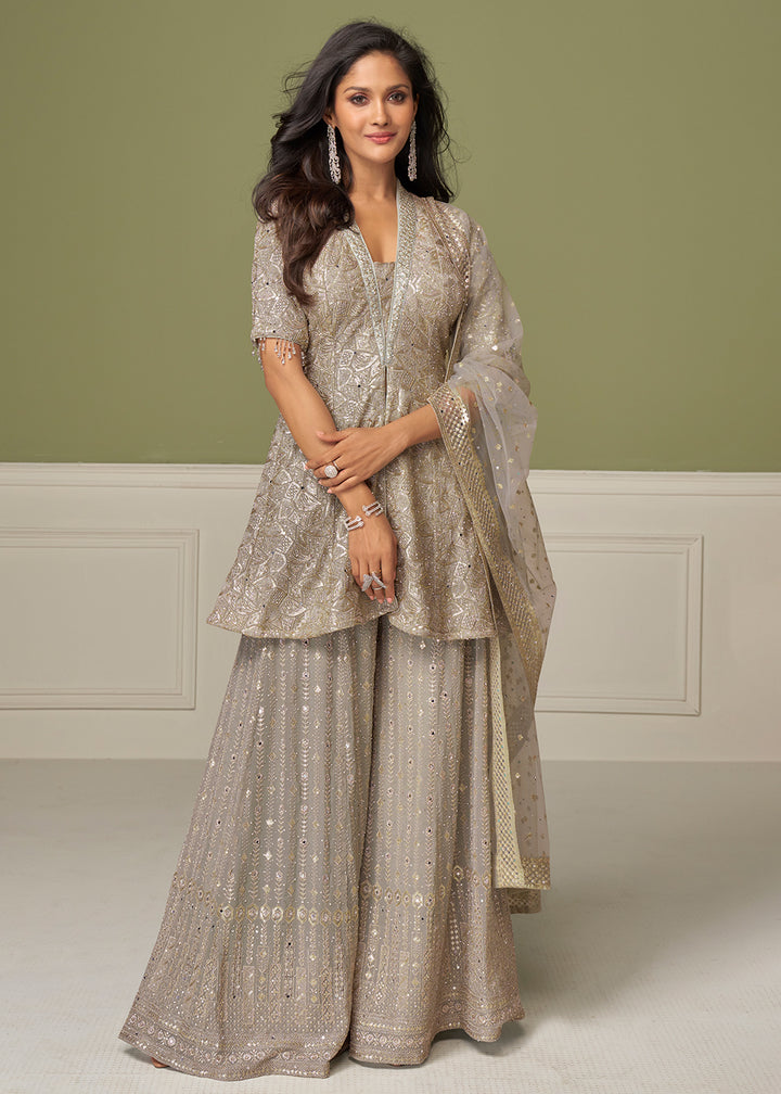 Buy Now Dusty Grey Georgette Hand Embroidered Palazzo Style Suit Online in Toronto, Newark, Katy, Houston, Fremont, Nevada, Boston, Utah & Worldwide at Empress.