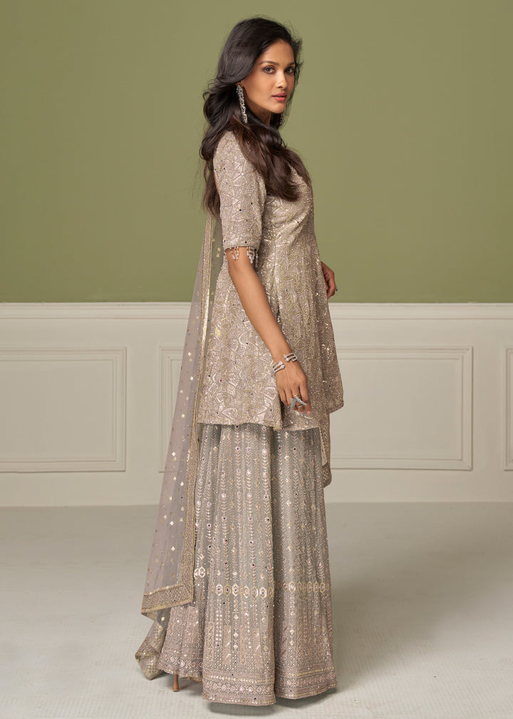 Buy Now Dusty Grey Georgette Hand Embroidered Palazzo Style Suit Online in Toronto, Newark, Katy, Houston, Fremont, Nevada, Boston, Utah & Worldwide at Empress.
