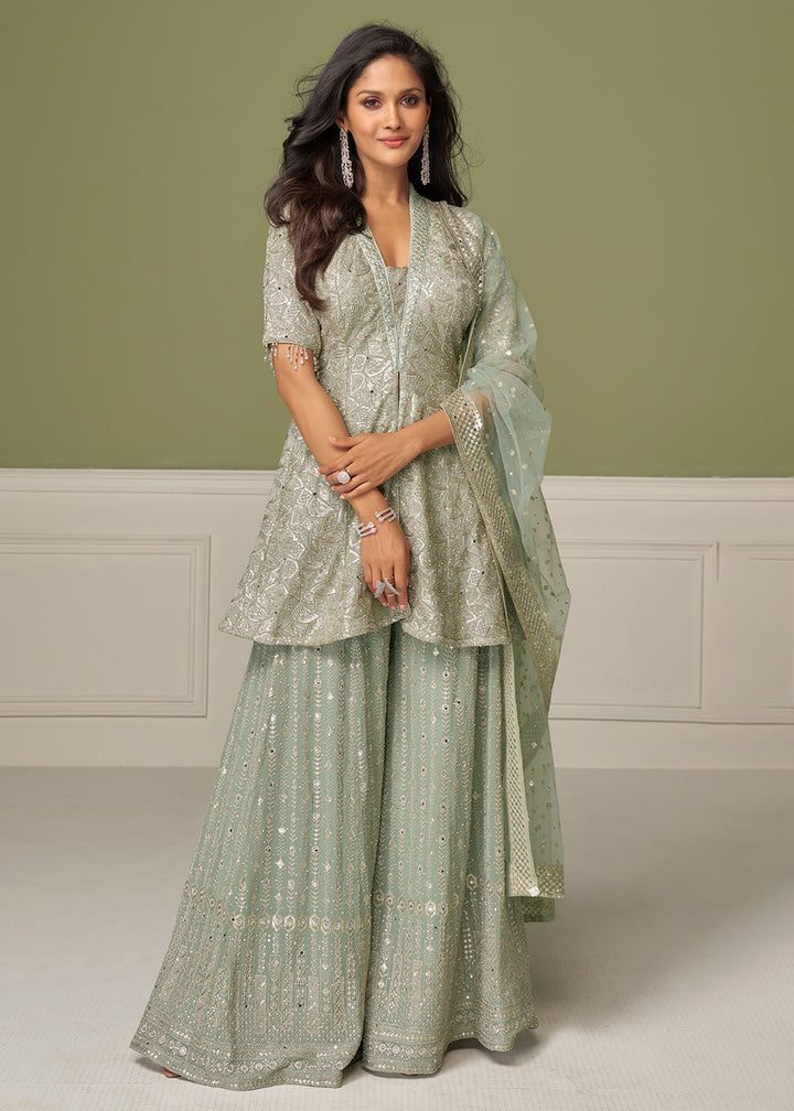 Buy Now Mint Green Georgette Hand Embroidered Palazzo Style Suit Online in Toronto, Newark, Katy, Houston, Fremont, Nevada, Boston, Utah & Worldwide at Empress.