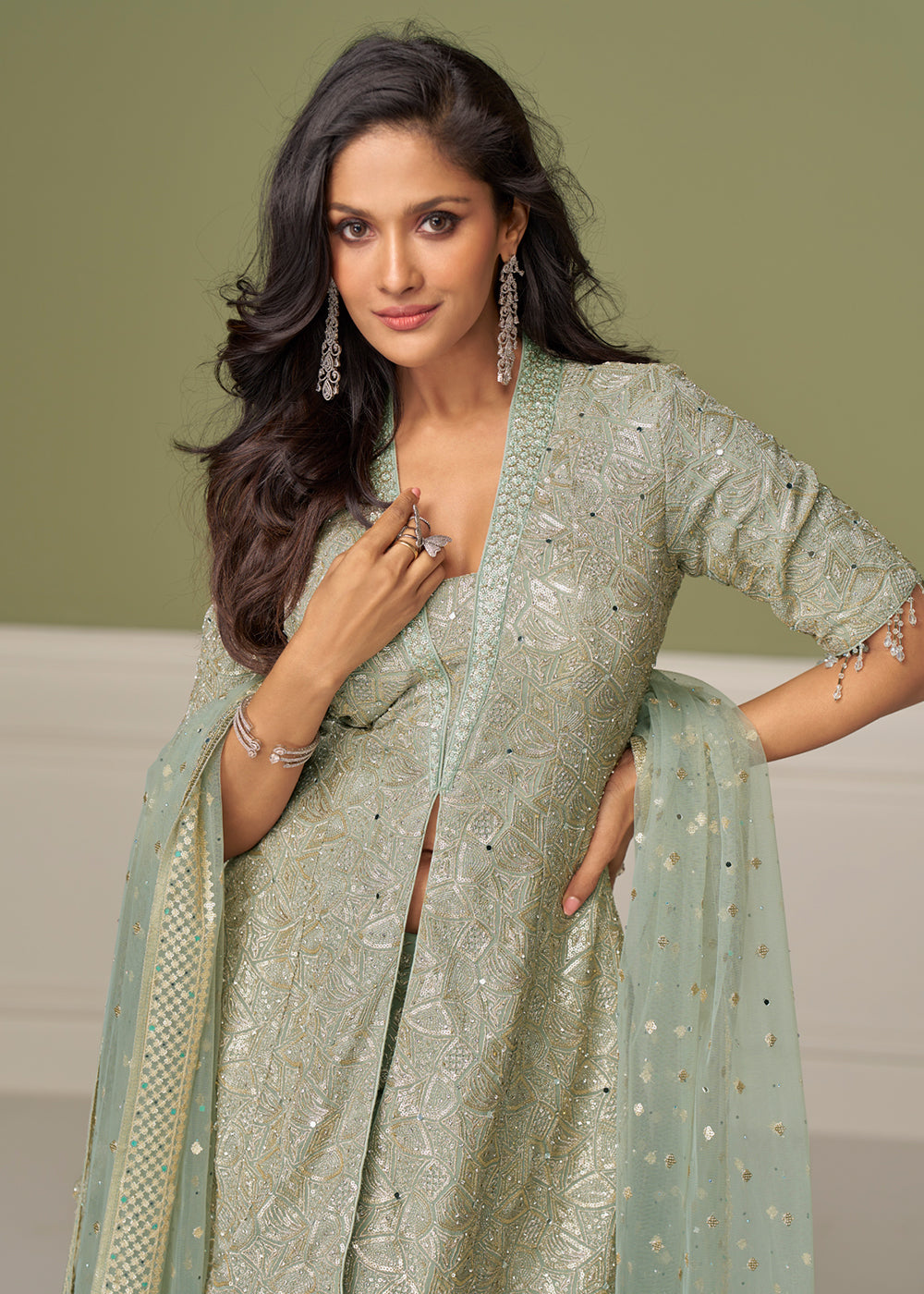 Buy Now Mint Green Georgette Hand Embroidered Palazzo Style Suit Online in Toronto, Newark, Katy, Houston, Fremont, Nevada, Boston, Utah & Worldwide at Empress.