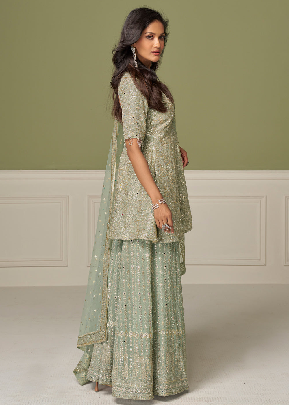 Buy Now Mint Green Georgette Hand Embroidered Palazzo Style Suit Online in Toronto, Newark, Katy, Houston, Fremont, Nevada, Boston, Utah & Worldwide at Empress.