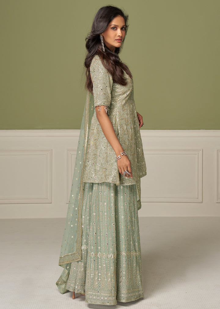 Buy Now Mint Green Georgette Hand Embroidered Palazzo Style Suit Online in Toronto, Newark, Katy, Houston, Fremont, Nevada, Boston, Utah & Worldwide at Empress.