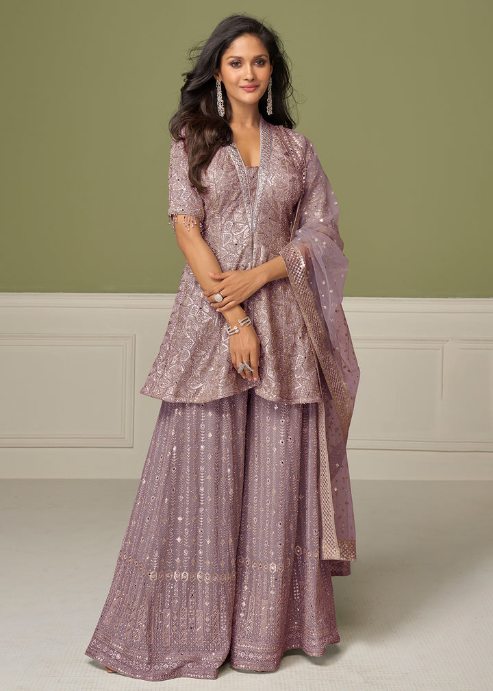 Buy Now Mauve Georgette Hand Embroidered Palazzo Style Suit Online in Toronto, Newark, Katy, Houston, Fremont, Nevada, Boston, Utah & Worldwide at Empress.