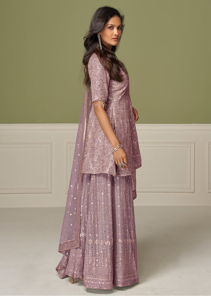 Buy Now Mauve Georgette Hand Embroidered Palazzo Style Suit Online in Toronto, Newark, Katy, Houston, Fremont, Nevada, Boston, Utah & Worldwide at Empress.
