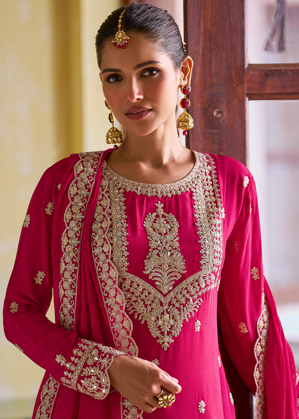 Buy Now Ultimate Pink Color Chinnon Silk Festive Pant Style Suit Online in Toronto, Newark, Katy, Houston, Fremont, Nevada, Los Angeles & Worldwide at Empress.
