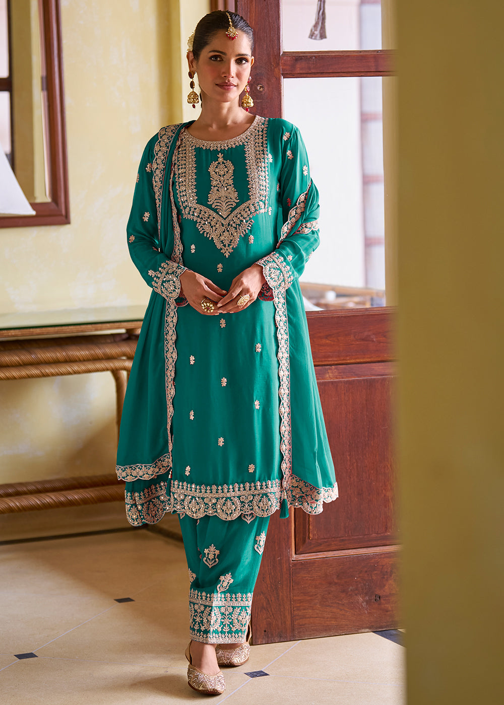 Buy Now Ultimate Teal Color Chinnon Silk Festive Pant Style Suit Online in Toronto, Newark, Katy, Houston, Fremont, Nevada, Los Angeles & Worldwide at Empress.