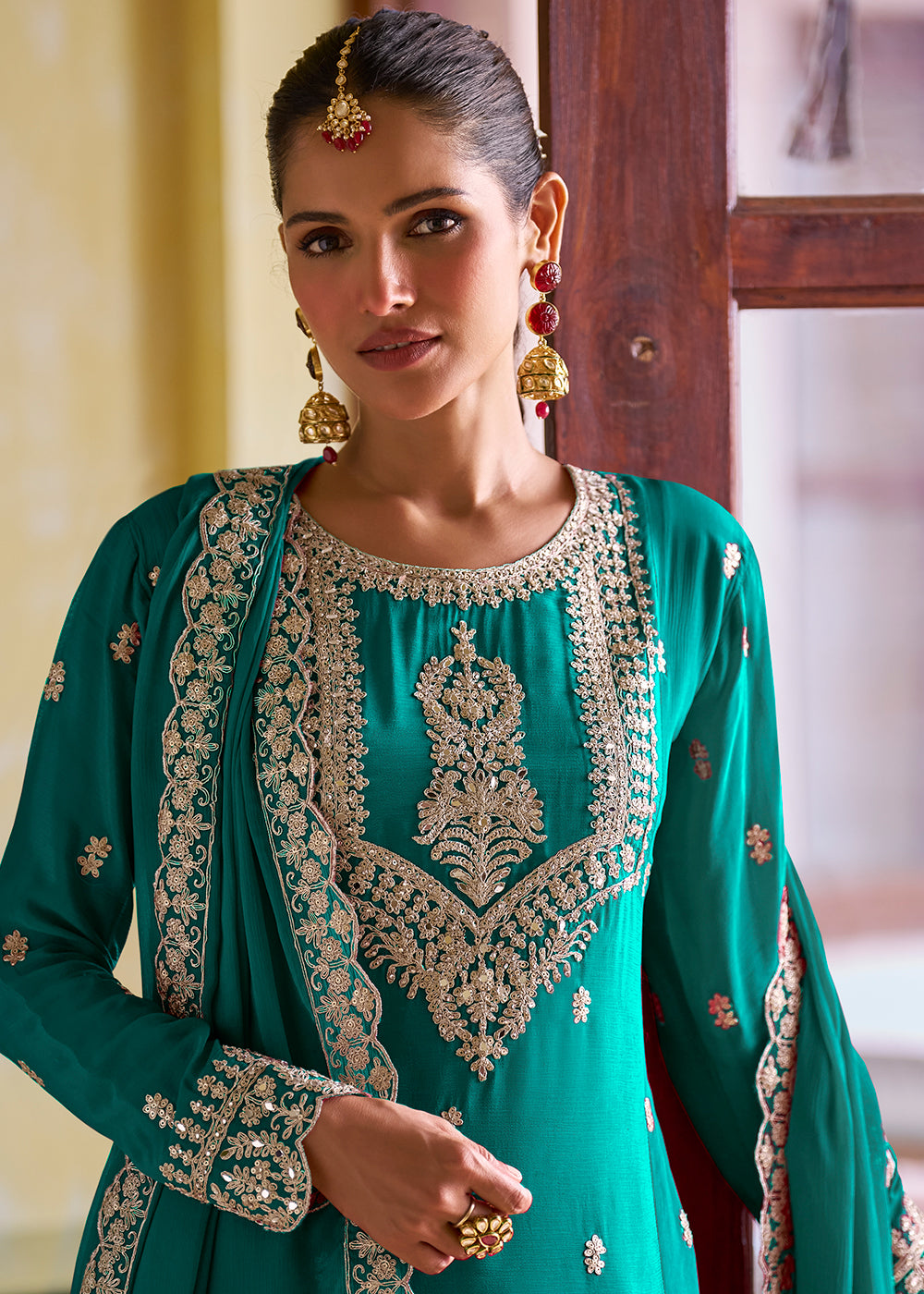 Buy Now Ultimate Teal Color Chinnon Silk Festive Pant Style Suit Online in Toronto, Newark, Katy, Houston, Fremont, Nevada, Los Angeles & Worldwide at Empress.
