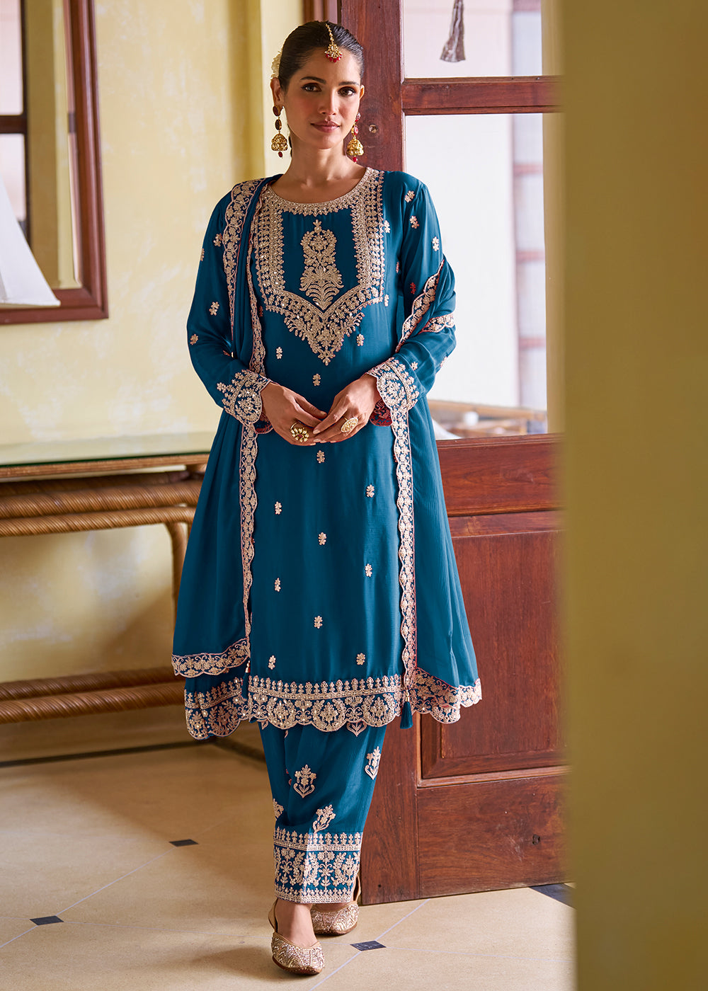Buy Now Ultimate Blue Color Chinnon Silk Festive Pant Style Suit Online in Toronto, Newark, Katy, Houston, Fremont, Nevada, Los Angeles & Worldwide at Empress.