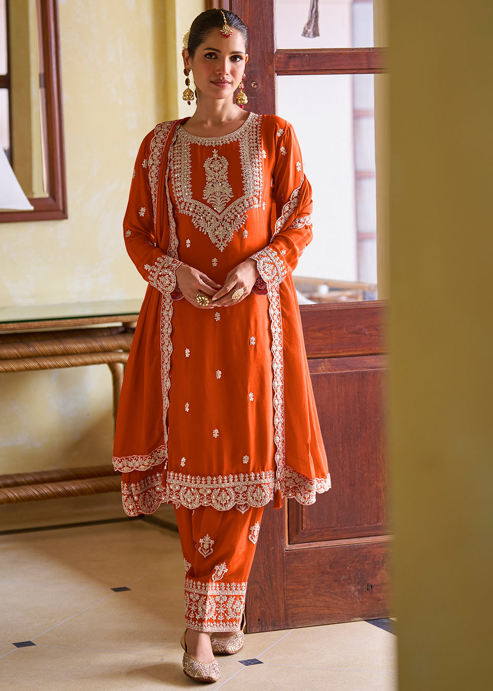 Buy Now Ultimate Orange Color Chinnon Silk Festive Pant Style Suit Online in Toronto, Newark, Katy, Houston, Fremont, Nevada, Los Angeles & Worldwide at Empress