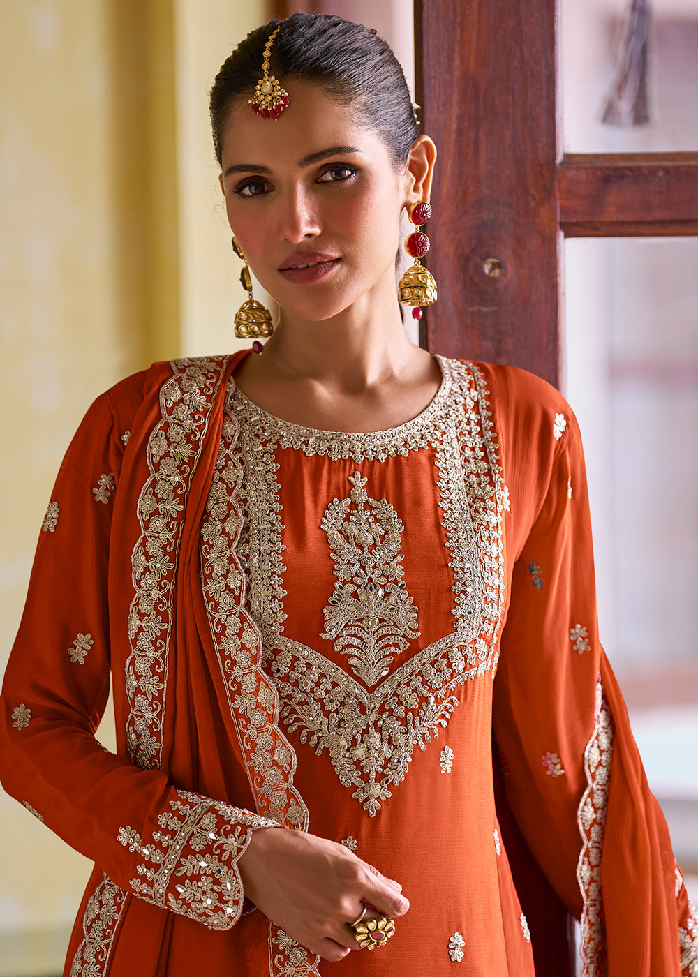 Buy Now Ultimate Orange Color Chinnon Silk Festive Pant Style Suit Online in Toronto, Newark, Katy, Houston, Fremont, Nevada, Los Angeles & Worldwide at Empress