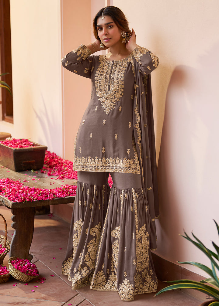 Shop Now Real Chinnon Dusty Grey Embroidered Festive Gharara Suit Online at Empress in US, UK, Canada, Germany, Australia, Sweden, Denmark, Africa & Worldwide.