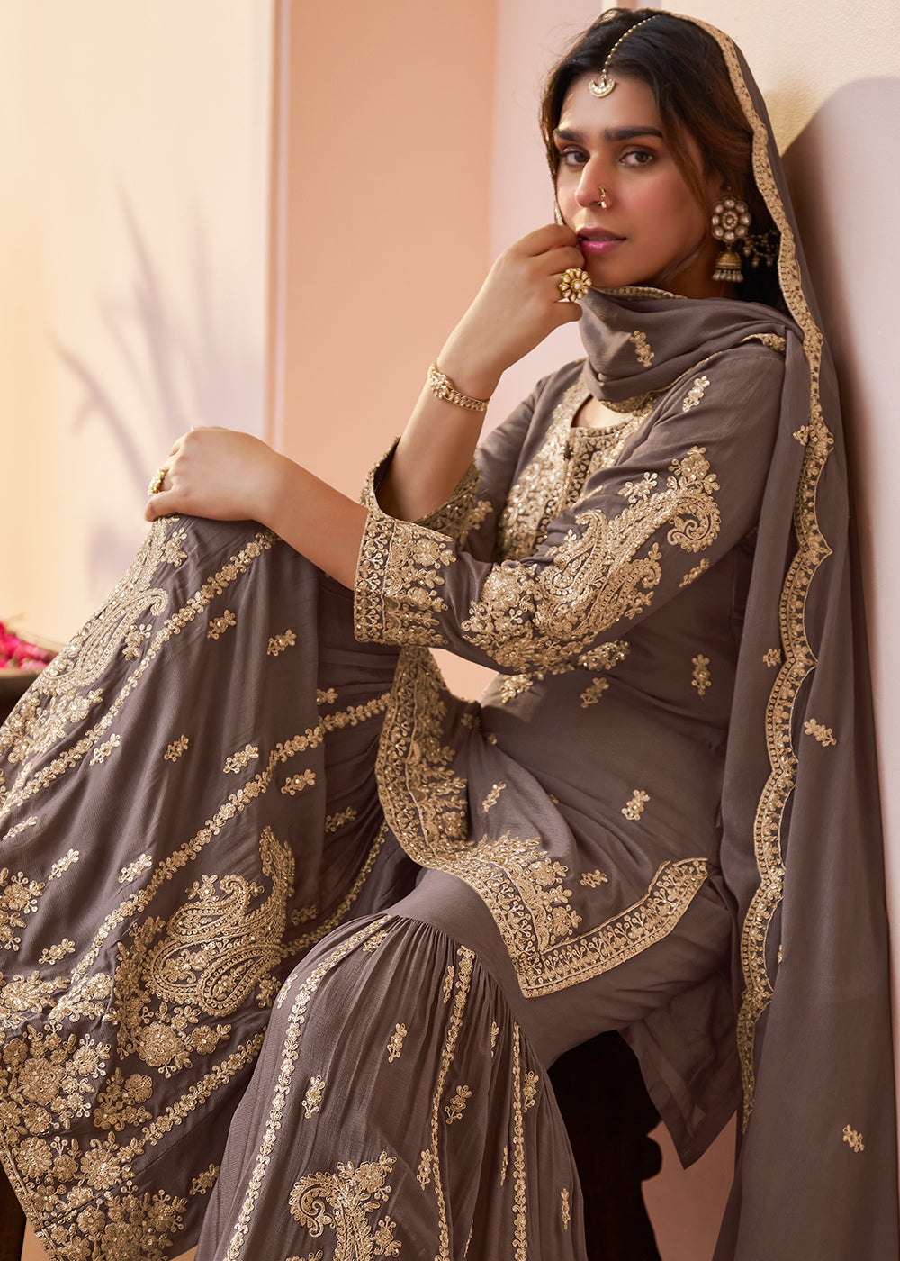 Shop Now Real Chinnon Dusty Grey Embroidered Festive Gharara Suit Online at Empress in US, UK, Canada, Germany, Australia, Sweden, Denmark, Africa & Worldwide.