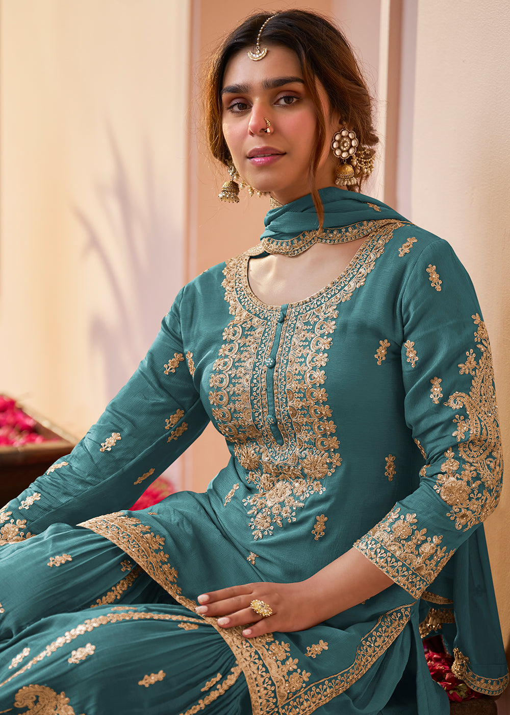 Shop Now Real Chinnon Teal Blue Embroidered Festive Gharara Suit Online at Empress in US, UK, Canada, Germany, Australia, Sweden, Denmark, Africa & Worldwide.