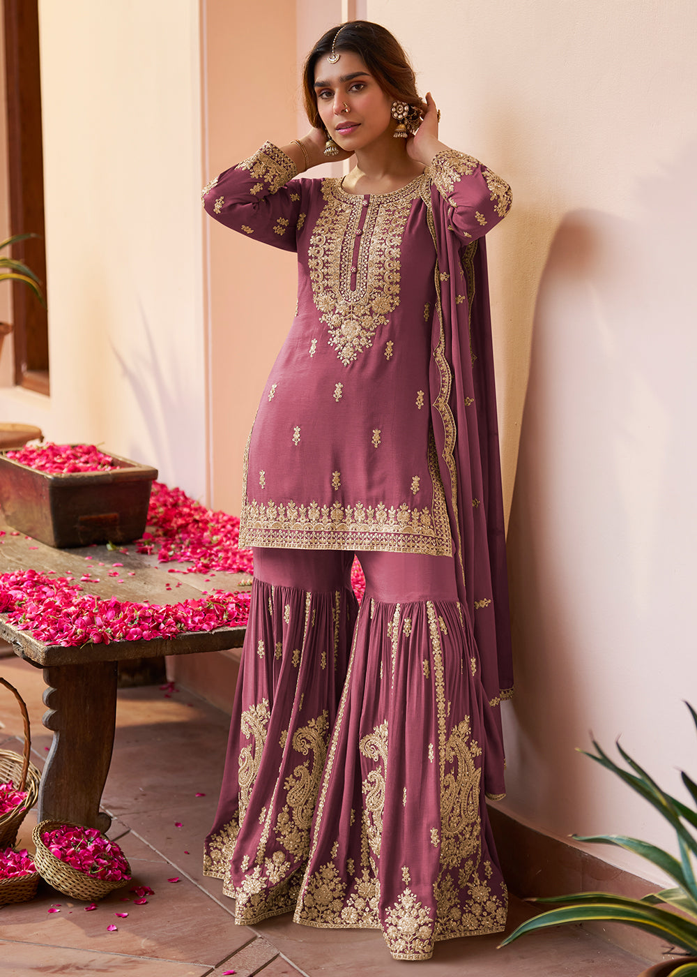 Shop Now Real Chinnon Onion Pink Embroidered Festive Gharara Suit Online at Empress in US, UK, Canada, Germany, Australia, Sweden, Denmark, Africa & Worldwide.