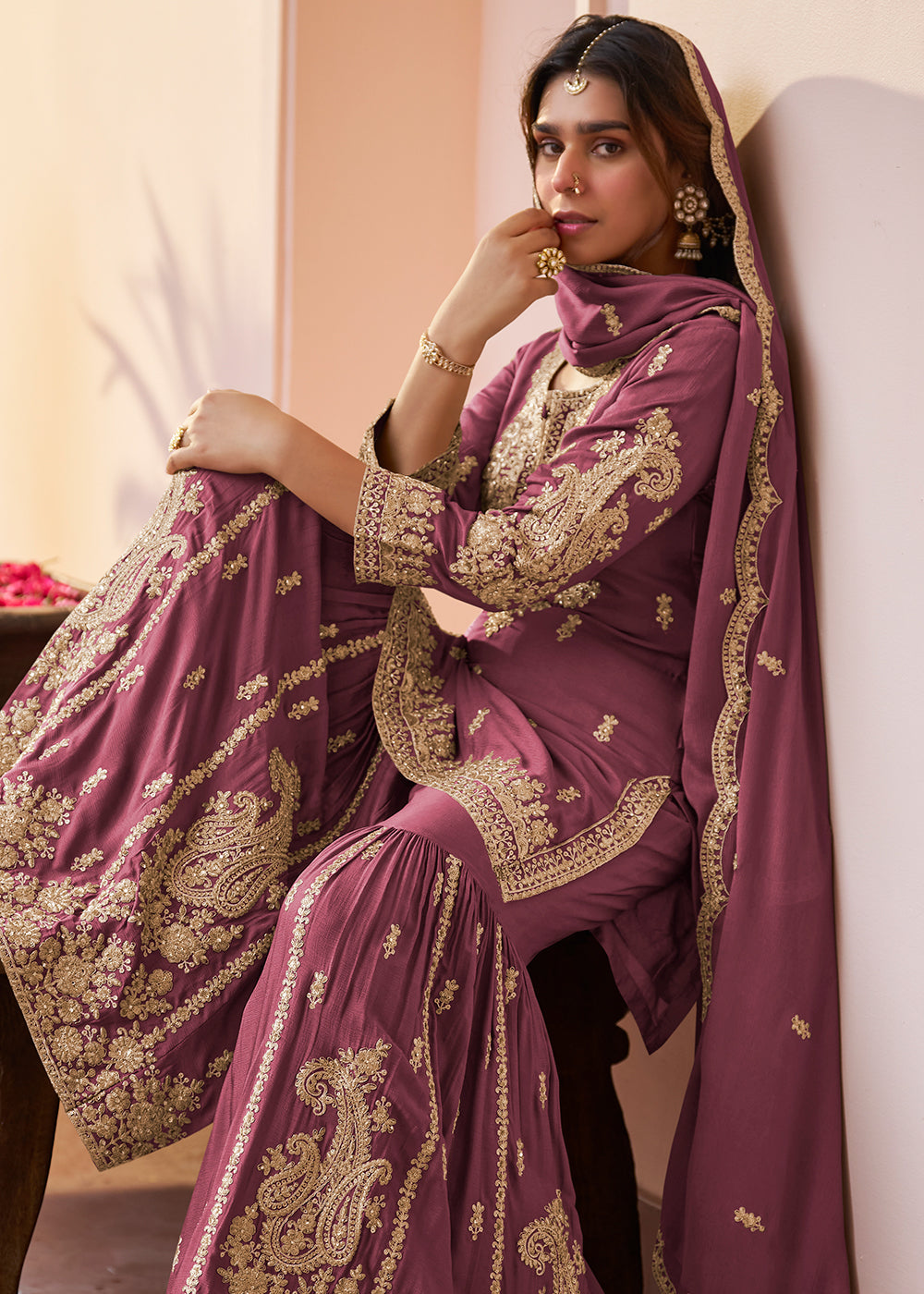 Shop Now Real Chinnon Onion Pink Embroidered Festive Gharara Suit Online at Empress in US, UK, Canada, Germany, Australia, Sweden, Denmark, Africa & Worldwide.