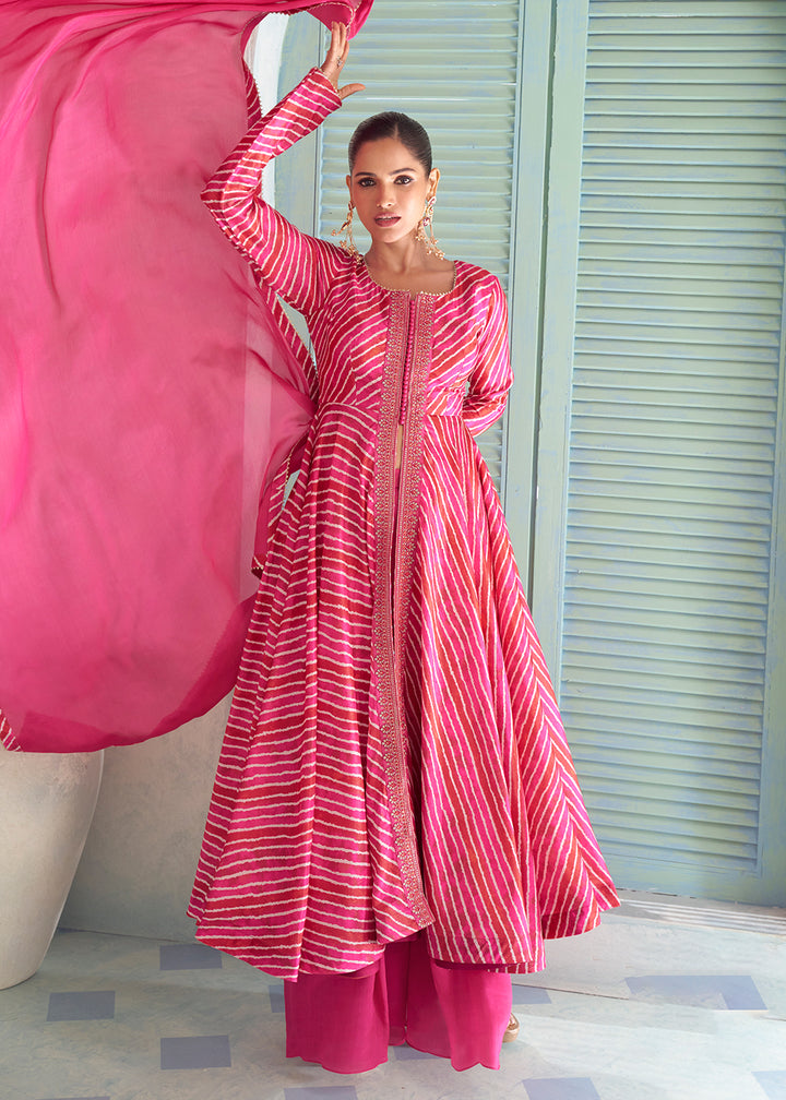 Buy Now Pink Digital Printed Embroidered Anarkali Style Palazzo Suit Online in US, UK, Canada, Germany, Italy, France, Greece, Austria &amp; Worldwide at Empress.