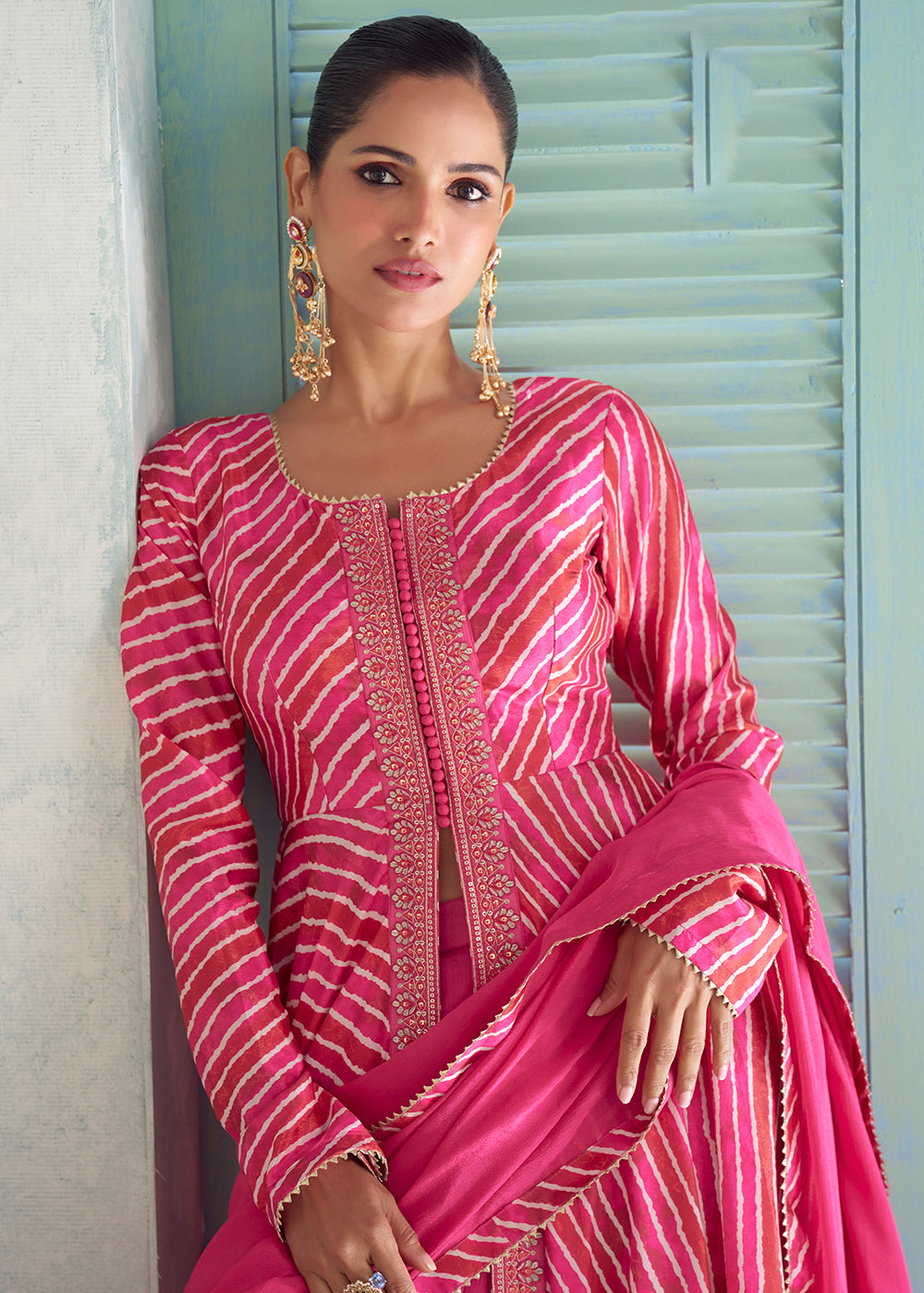 Buy Now Pink Digital Printed Embroidered Anarkali Style Palazzo Suit Online in US, UK, Canada, Germany, Italy, France, Greece, Austria & Worldwide at Empress.