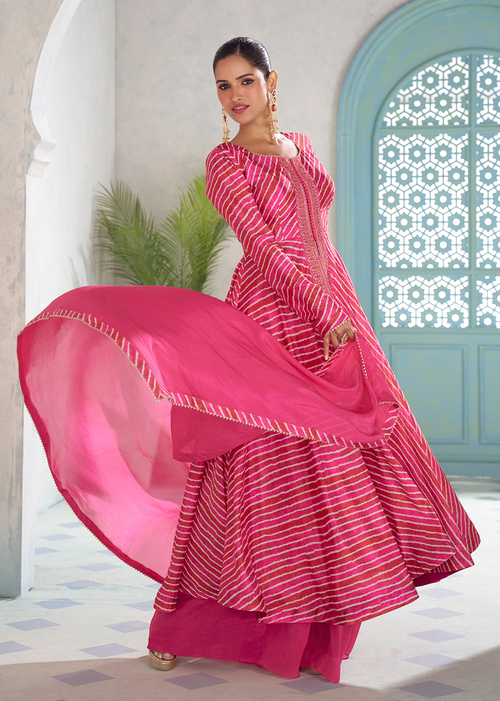 Buy Now Pink Digital Printed Embroidered Anarkali Style Palazzo Suit Online in US, UK, Canada, Germany, Italy, France, Greece, Austria &amp; Worldwide at Empress.