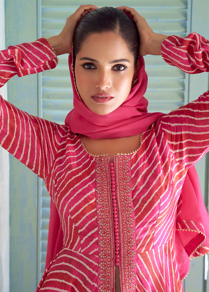 Buy Now Pink Digital Printed Embroidered Anarkali Style Palazzo Suit Online in US, UK, Canada, Germany, Italy, France, Greece, Austria &amp; Worldwide at Empress.