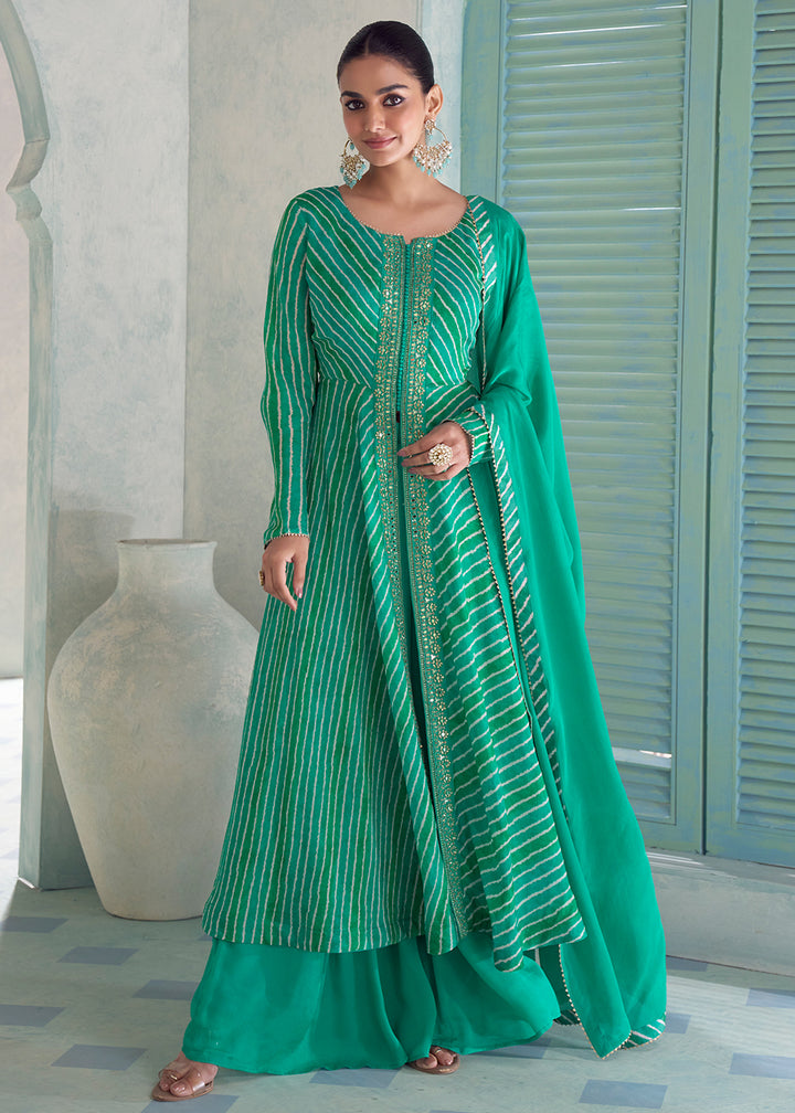 Buy Now Turquoise Digital Printed Embroidered Anarkali Style Palazzo Suit Online in US, UK, Canada, Germany, Italy, France, Greece, Austria &amp; Worldwide at Empress.
