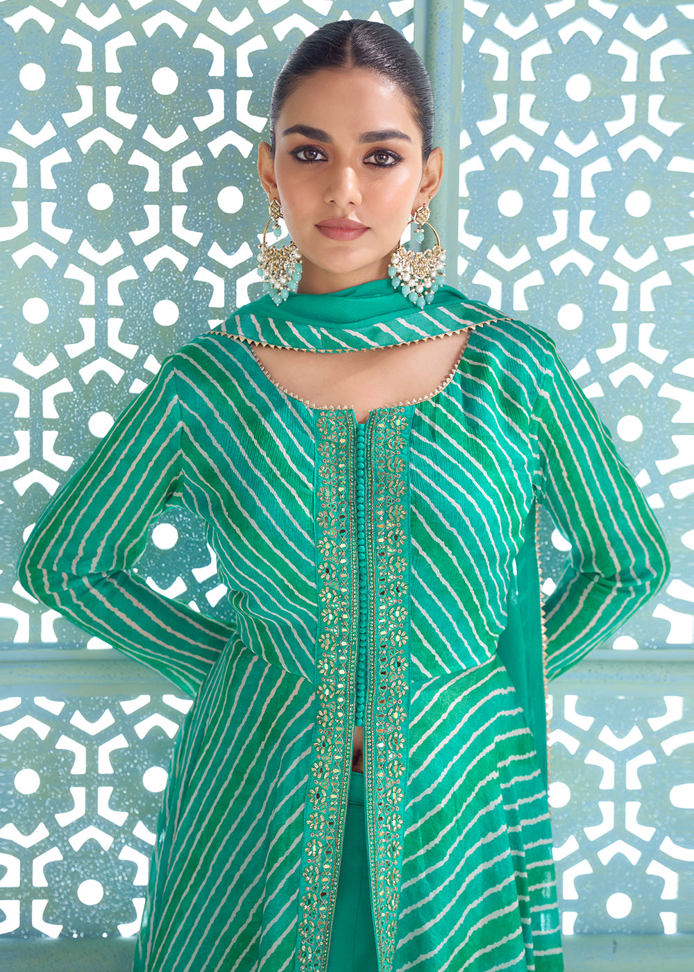Buy Now Turquoise Digital Printed Embroidered Anarkali Style Palazzo Suit Online in US, UK, Canada, Germany, Italy, France, Greece, Austria &amp; Worldwide at Empress.