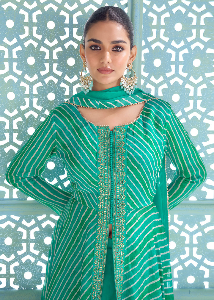 Buy Now Turquoise Digital Printed Embroidered Anarkali Style Palazzo Suit Online in US, UK, Canada, Germany, Italy, France, Greece, Austria &amp; Worldwide at Empress.