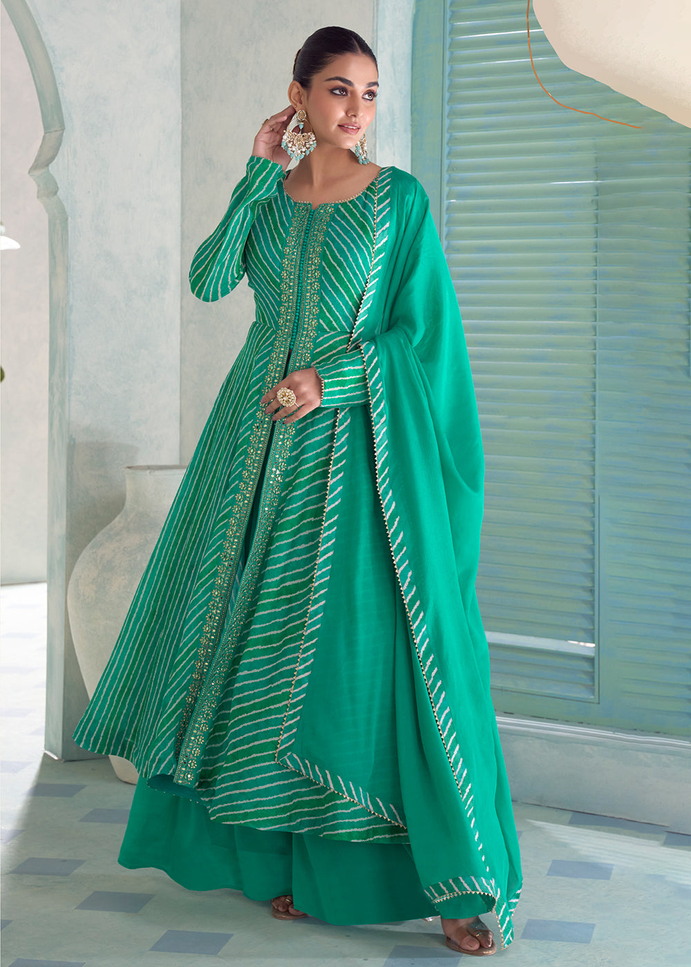 Buy Now Turquoise Digital Printed Embroidered Anarkali Style Palazzo Suit Online in US, UK, Canada, Germany, Italy, France, Greece, Austria &amp; Worldwide at Empress.