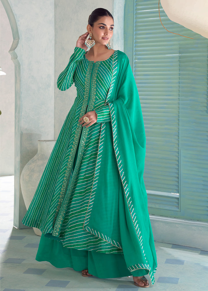 Buy Now Turquoise Digital Printed Embroidered Anarkali Style Palazzo Suit Online in US, UK, Canada, Germany, Italy, France, Greece, Austria &amp; Worldwide at Empress.