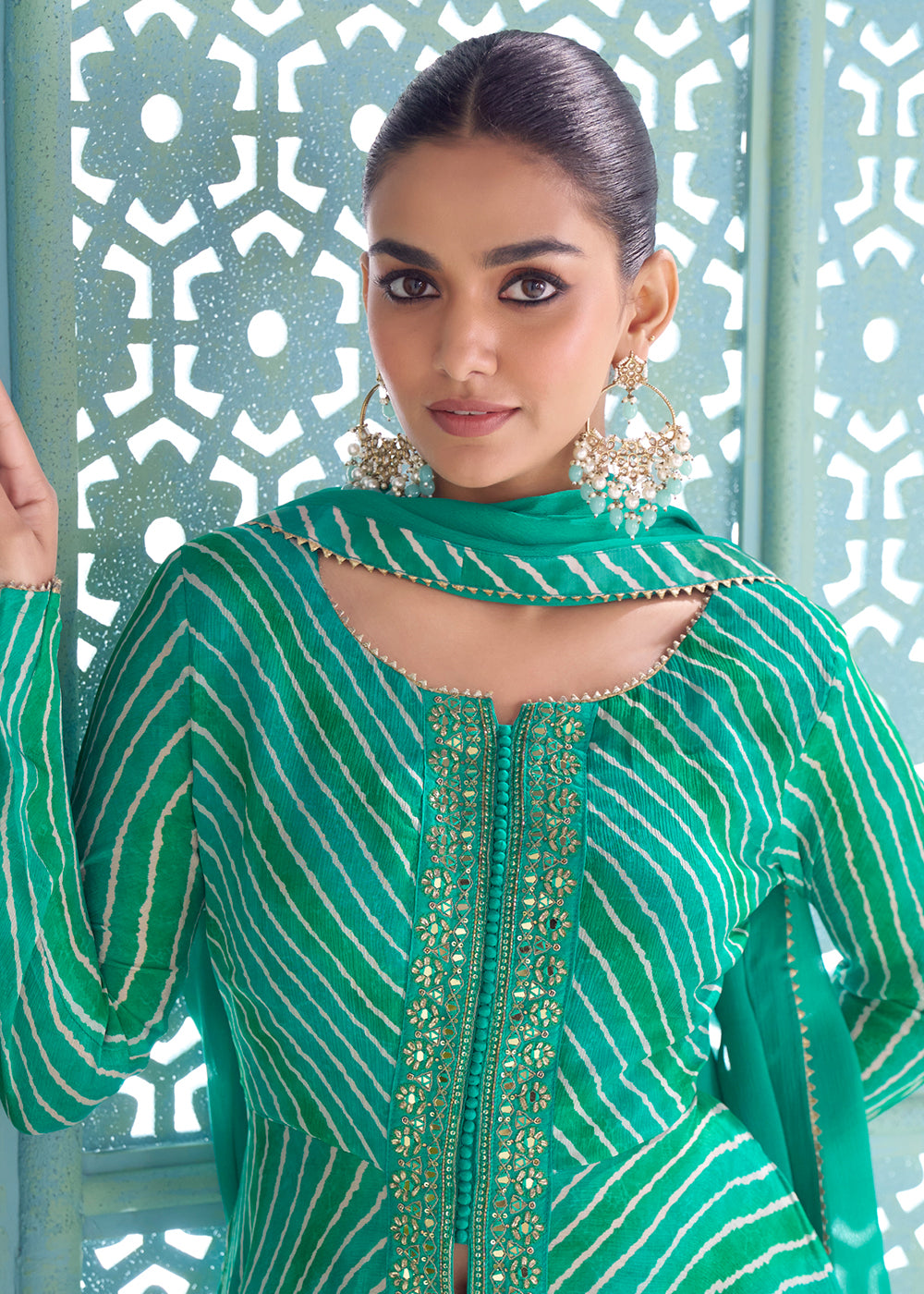 Buy Now Turquoise Digital Printed Embroidered Anarkali Style Palazzo Suit Online in US, UK, Canada, Germany, Italy, France, Greece, Austria &amp; Worldwide at Empress.