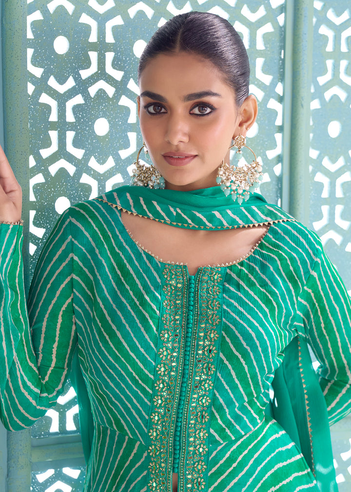 Buy Now Turquoise Digital Printed Embroidered Anarkali Style Palazzo Suit Online in US, UK, Canada, Germany, Italy, France, Greece, Austria &amp; Worldwide at Empress.