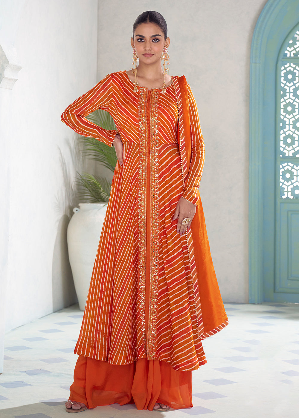 Buy Now Orange Digital Printed Embroidered Anarkali Style Palazzo Suit Online in US, UK, Canada, Germany, Italy, France, Greece, Austria &amp; Worldwide at Empress.