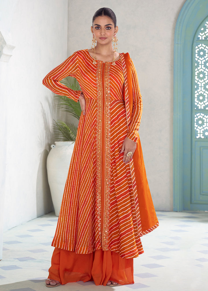 Buy Now Orange Digital Printed Embroidered Anarkali Style Palazzo Suit Online in US, UK, Canada, Germany, Italy, France, Greece, Austria &amp; Worldwide at Empress.