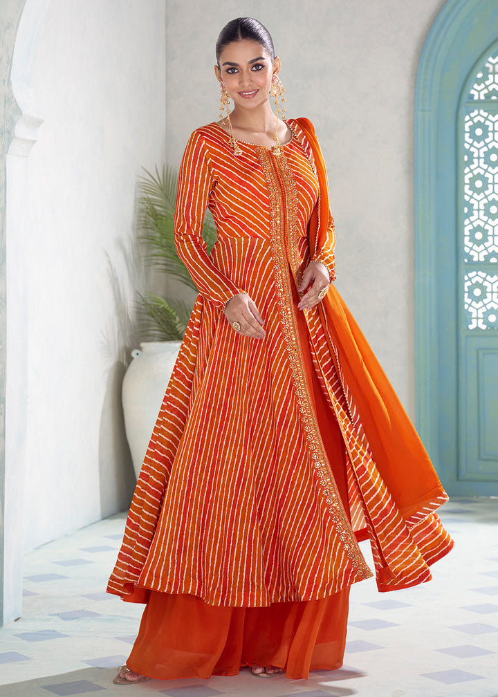 Buy Now Orange Digital Printed Embroidered Anarkali Style Palazzo Suit Online in US, UK, Canada, Germany, Italy, France, Greece, Austria &amp; Worldwide at Empress.