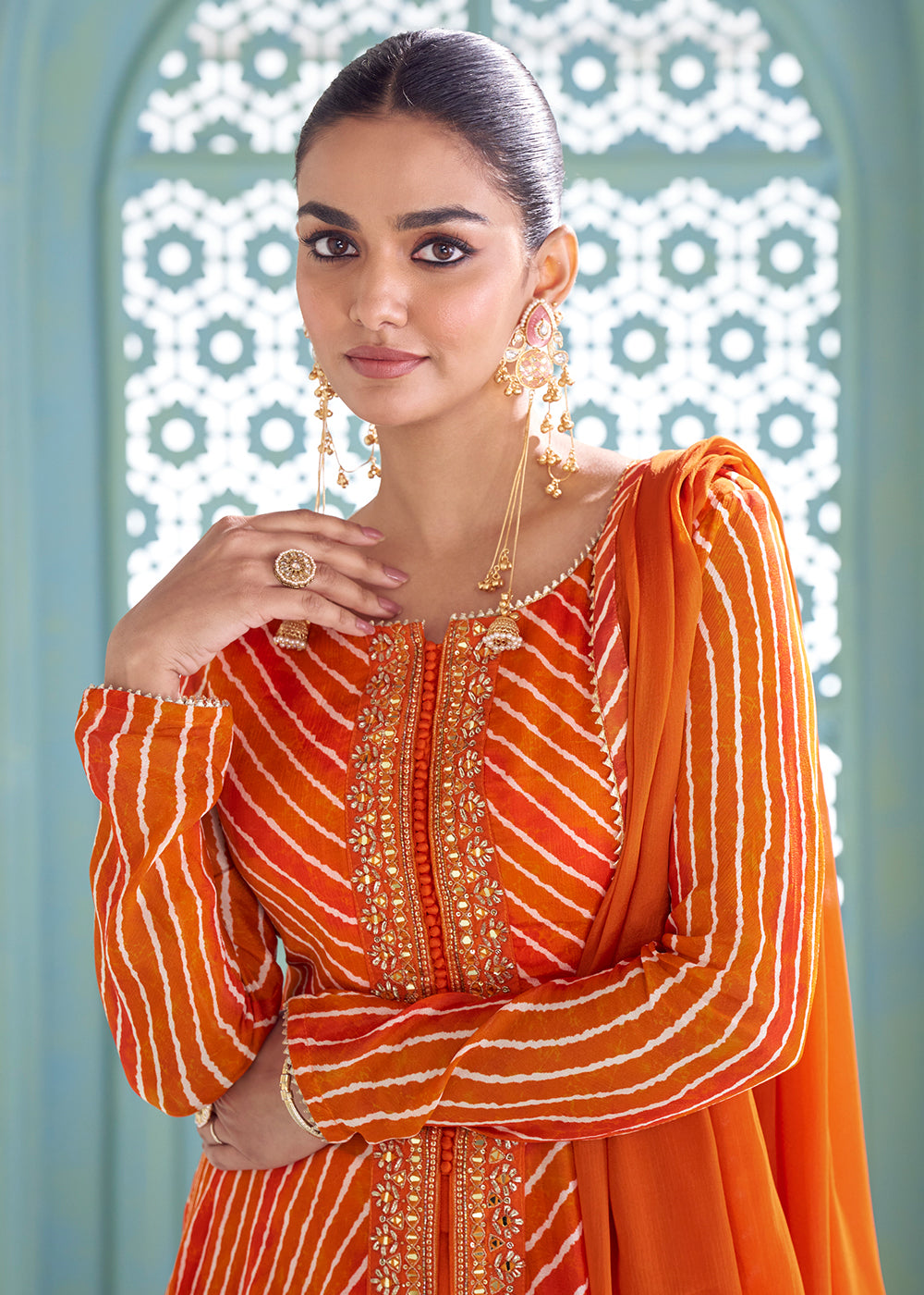 Buy Now Orange Digital Printed Embroidered Anarkali Style Palazzo Suit Online in US, UK, Canada, Germany, Italy, France, Greece, Austria &amp; Worldwide at Empress.