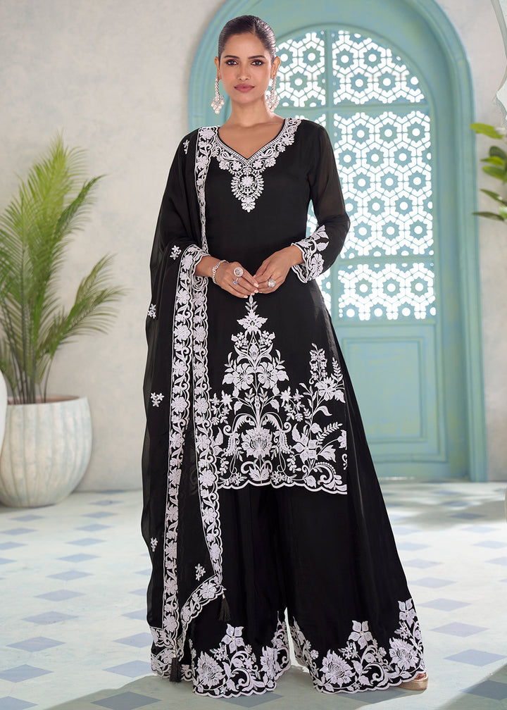 Buy Now Embroidered Black Eid Style Palazzo Suit Online in New York, Toronto, Newark, Katy, Houston, Fremont, Dubai, Nevada, Kansas & Worldwide at Empress.