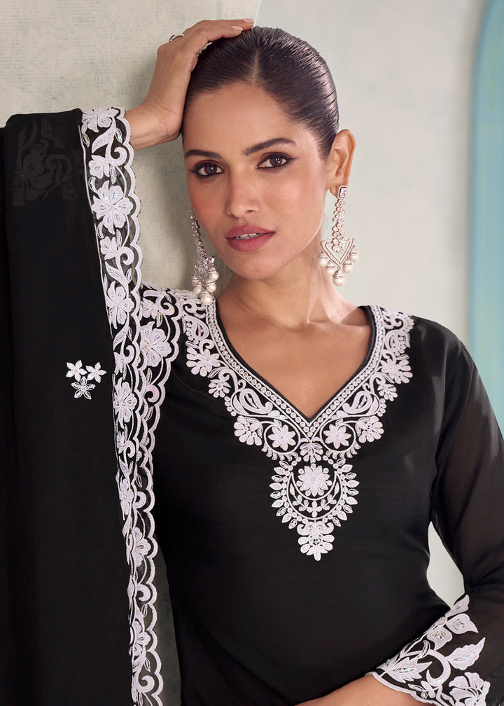 Buy Now Embroidered Black Eid Style Palazzo Suit Online in New York, Toronto, Newark, Katy, Houston, Fremont, Dubai, Nevada, Kansas & Worldwide at Empress.