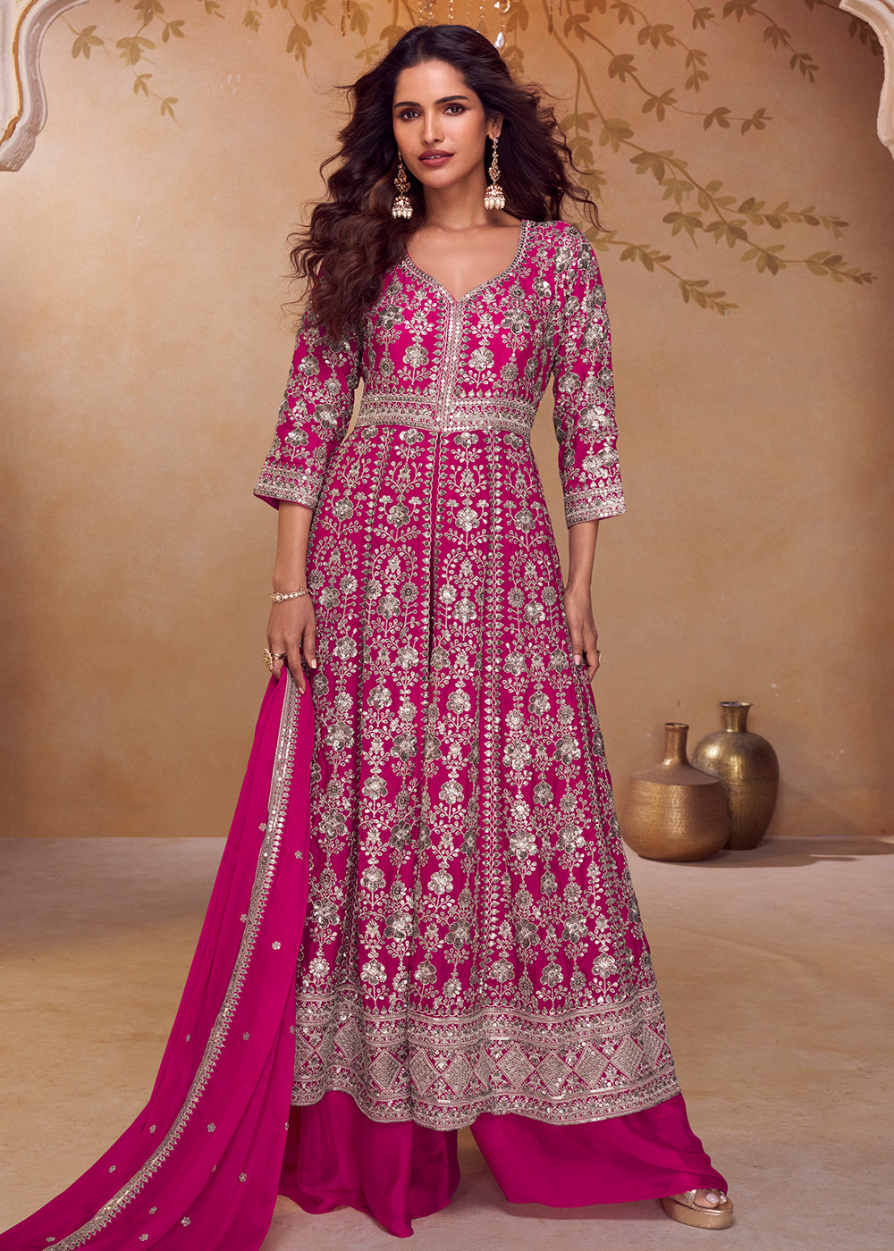 Buy Now Rani Pink Long Top Style Designer Palazzo Suit Online in US, UK, Canada, Netherlands, Germany, Italy, France, Sweden, UAE, Qatar & Worldwide at Empress.