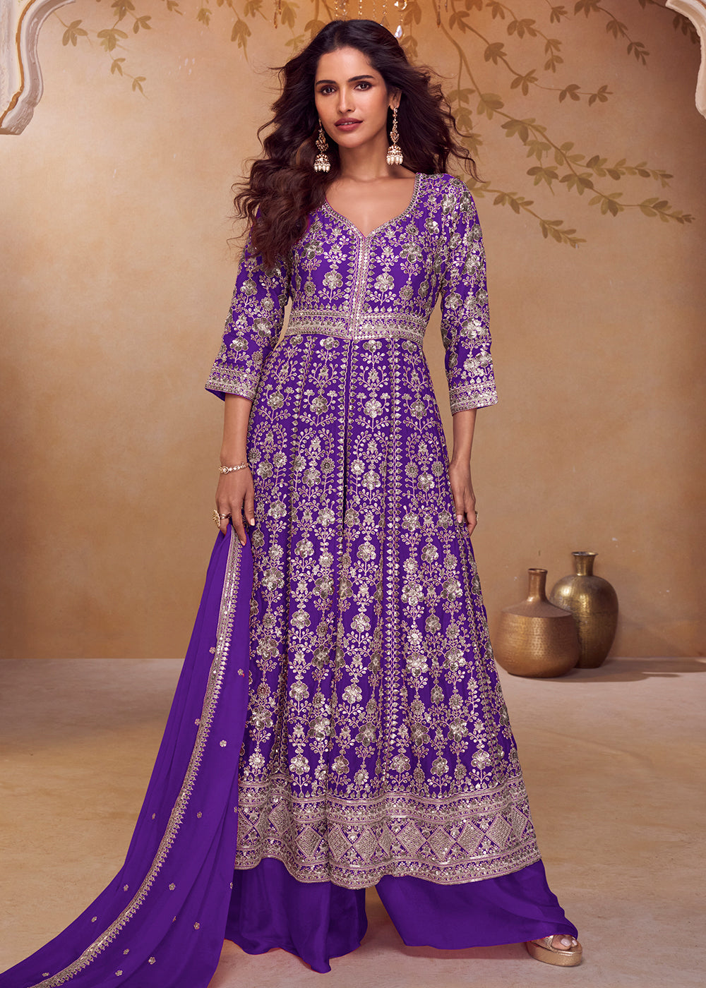Buy Now Purple Long Top Style Designer Palazzo Suit Online in US, UK, Canada, Netherlands, Germany, Italy, France, Sweden, UAE, Qatar & Worldwide at Empress.