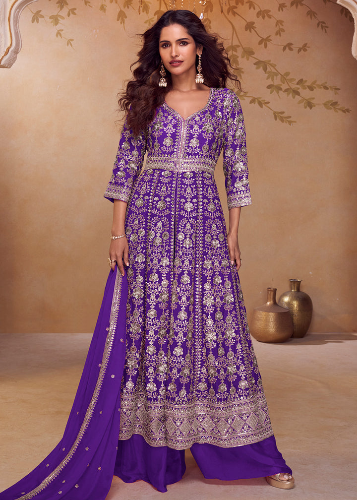 Buy Now Purple Long Top Style Designer Palazzo Suit Online in US, UK, Canada, Netherlands, Germany, Italy, France, Sweden, UAE, Qatar & Worldwide at Empress.