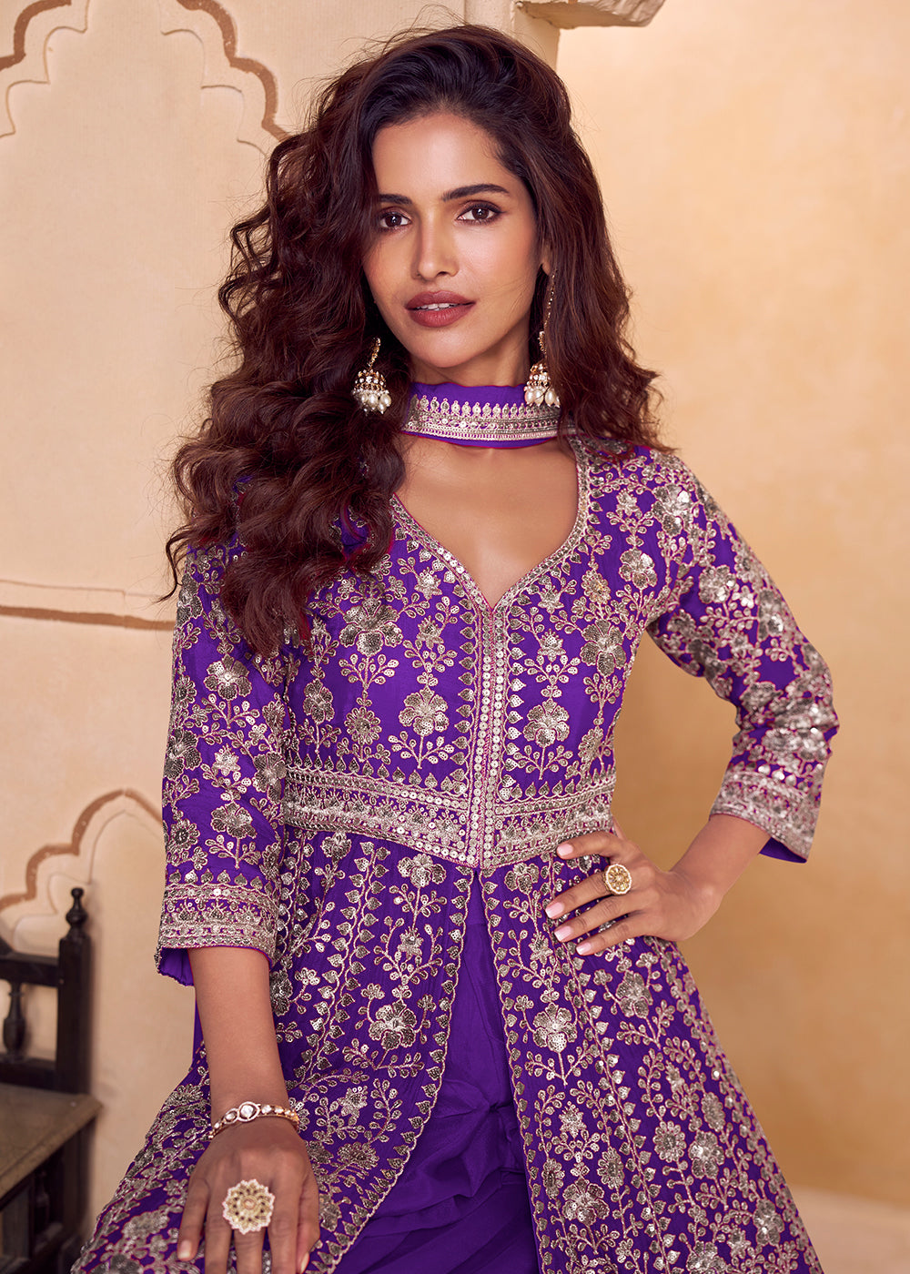 Buy Now Purple Long Top Style Designer Palazzo Suit Online in US, UK, Canada, Netherlands, Germany, Italy, France, Sweden, UAE, Qatar & Worldwide at Empress.