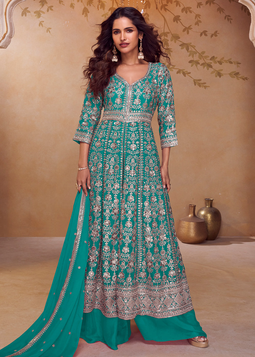 Buy Now Rama Green Long Top Style Designer Palazzo Suit Online in US, UK, Canada, Netherlands, Germany, Italy, France, Sweden, UAE, Qatar & Worldwide at Empress.