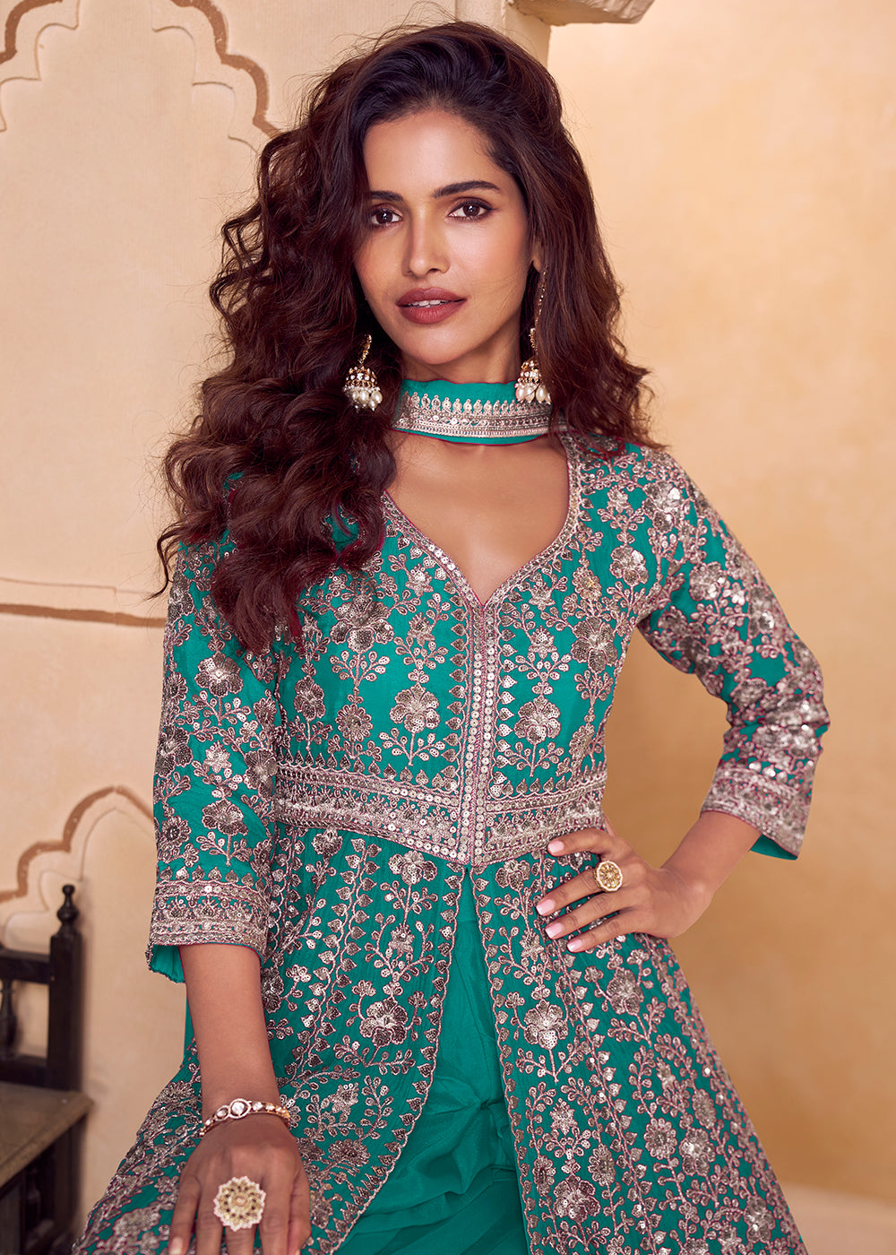 Buy Now Rama Green Long Top Style Designer Palazzo Suit Online in US, UK, Canada, Netherlands, Germany, Italy, France, Sweden, UAE, Qatar & Worldwide at Empress.