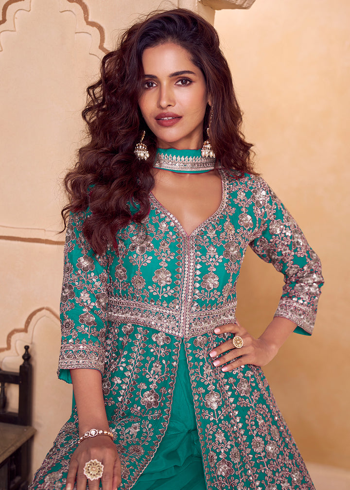 Buy Now Rama Green Long Top Style Designer Palazzo Suit Online in US, UK, Canada, Netherlands, Germany, Italy, France, Sweden, UAE, Qatar & Worldwide at Empress.