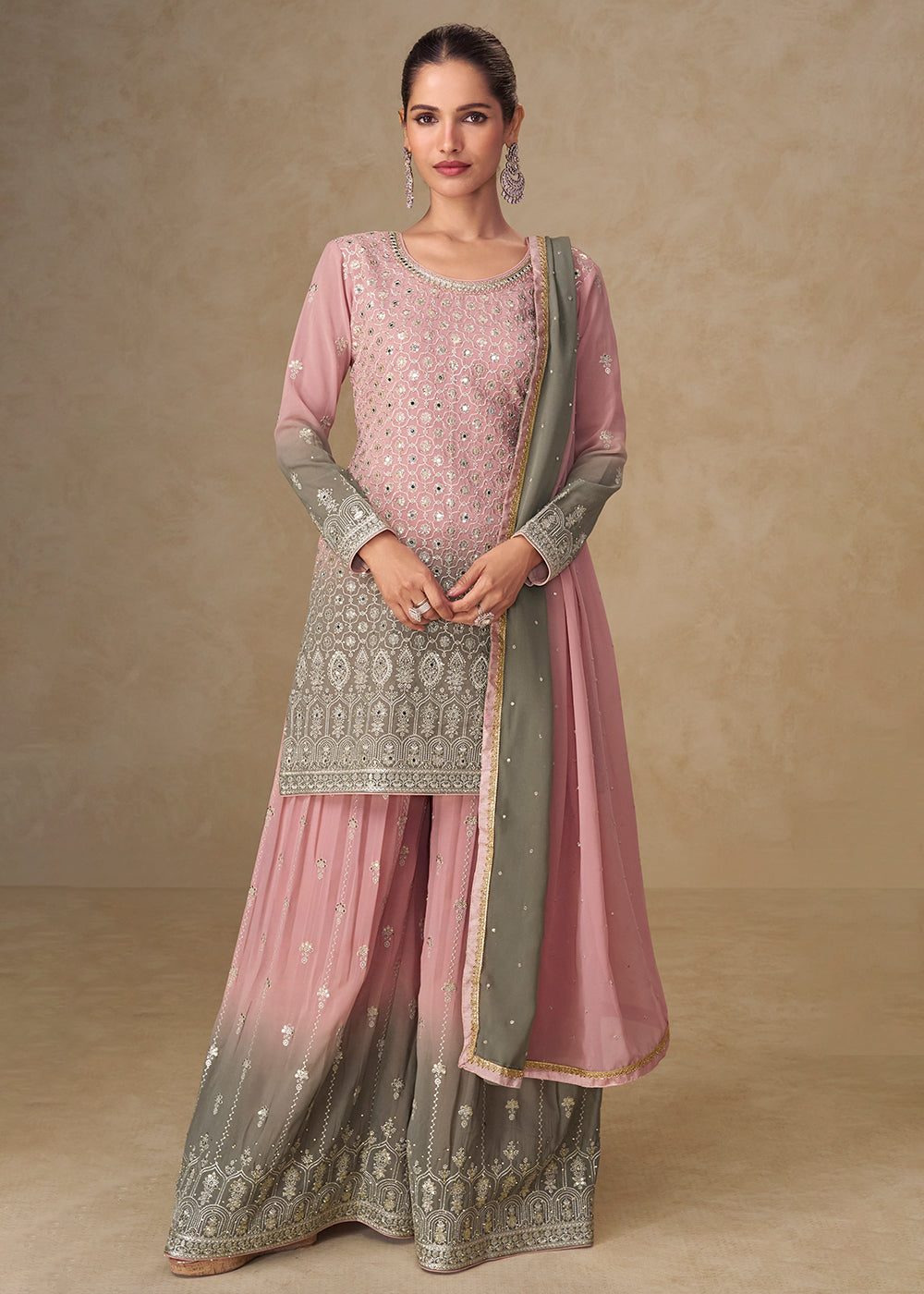 Buy Now Pink & Grey Mirror Handwork Georgette Palazzo Suit Online in New York, Las Vegas, Newark, Chicago, Houston, Fremont, Dubai & Worldwide at Empress.