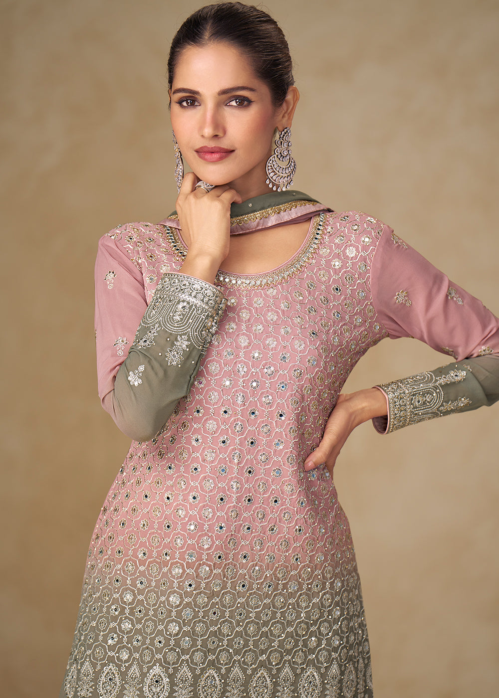 Buy Now Pink & Grey Mirror Handwork Georgette Palazzo Suit Online in New York, Las Vegas, Newark, Chicago, Houston, Fremont, Dubai & Worldwide at Empress.
