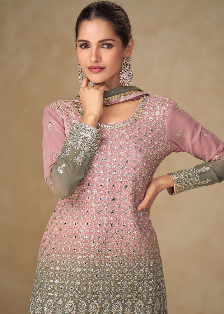 Buy Now Pink & Grey Mirror Handwork Georgette Palazzo Suit Online in New York, Las Vegas, Newark, Chicago, Houston, Fremont, Dubai & Worldwide at Empress.