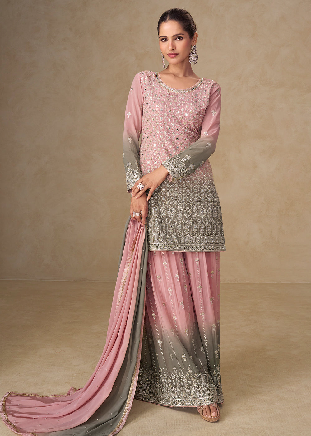 Buy Now Pink & Grey Mirror Handwork Georgette Palazzo Suit Online in New York, Las Vegas, Newark, Chicago, Houston, Fremont, Dubai & Worldwide at Empress.