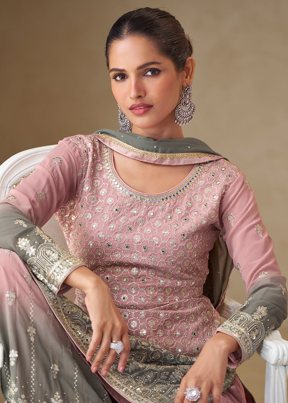 Buy Now Pink & Grey Mirror Handwork Georgette Palazzo Suit Online in New York, Las Vegas, Newark, Chicago, Houston, Fremont, Dubai & Worldwide at Empress.