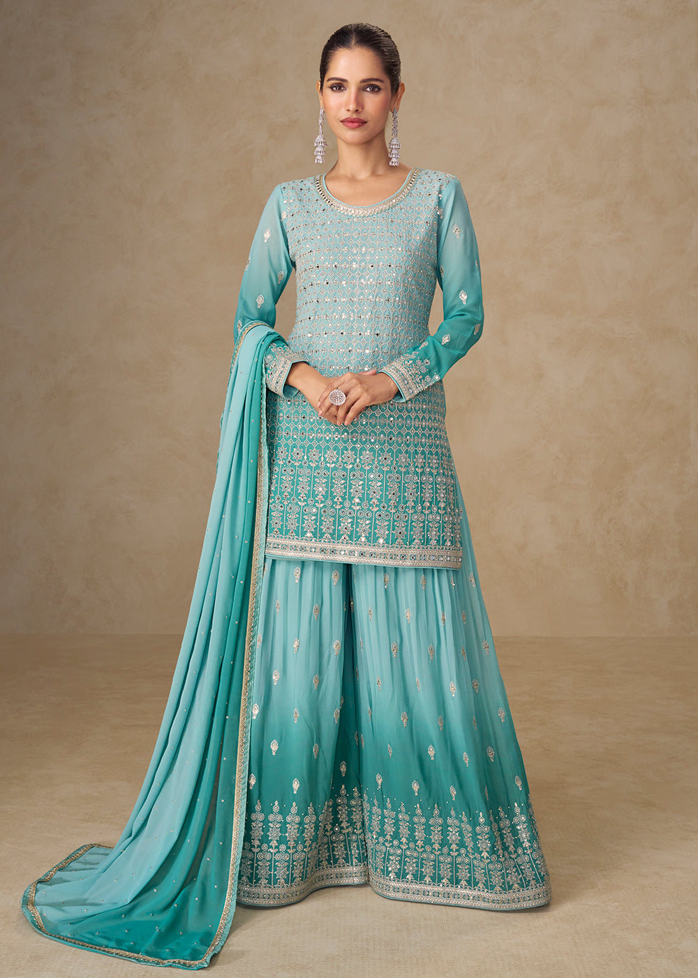 Buy Now Ombre Aqua Mirror Handwork Georgette Palazzo Suit Online in New York, Las Vegas, Newark, Chicago, Houston, Fremont, Dubai & Worldwide at Empress.