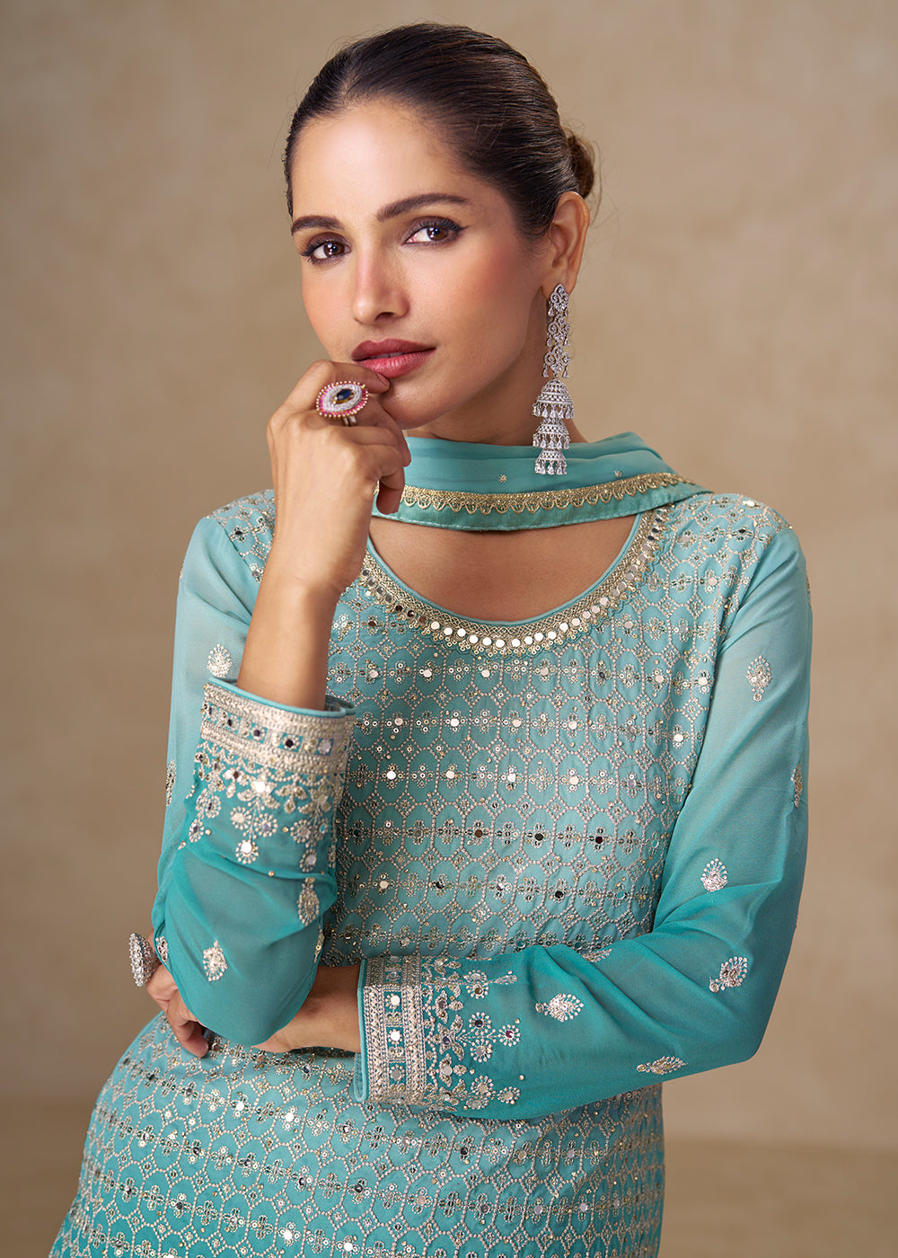Buy Now Ombre Aqua Mirror Handwork Georgette Palazzo Suit Online in New York, Las Vegas, Newark, Chicago, Houston, Fremont, Dubai & Worldwide at Empress.
